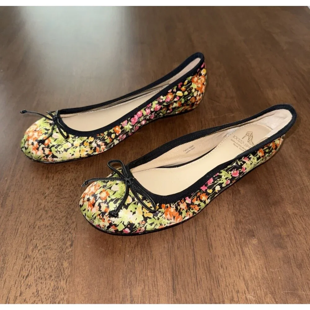 10022-SHOE Saks Fifth Ave Floral Ballet Flats Bow Leather Sole Womens 7M EU37.5